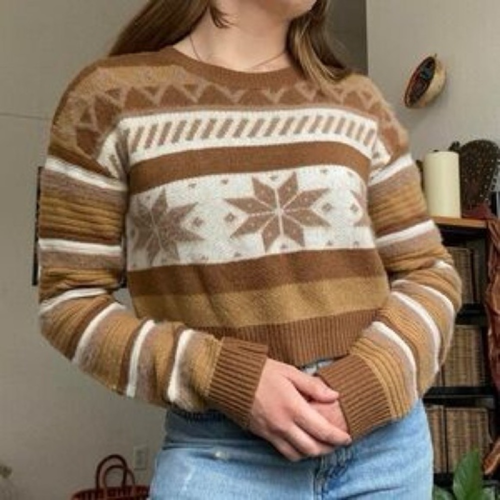 Urban Outfitters Brown Cream Geometric Womens Sweater cropped normcore cabincore